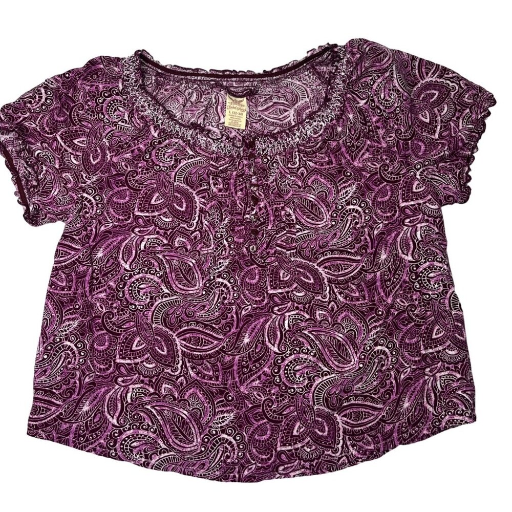Large Faded Glory Purple Paisley Blouse With Ruffled Neckline & Short Sleeves